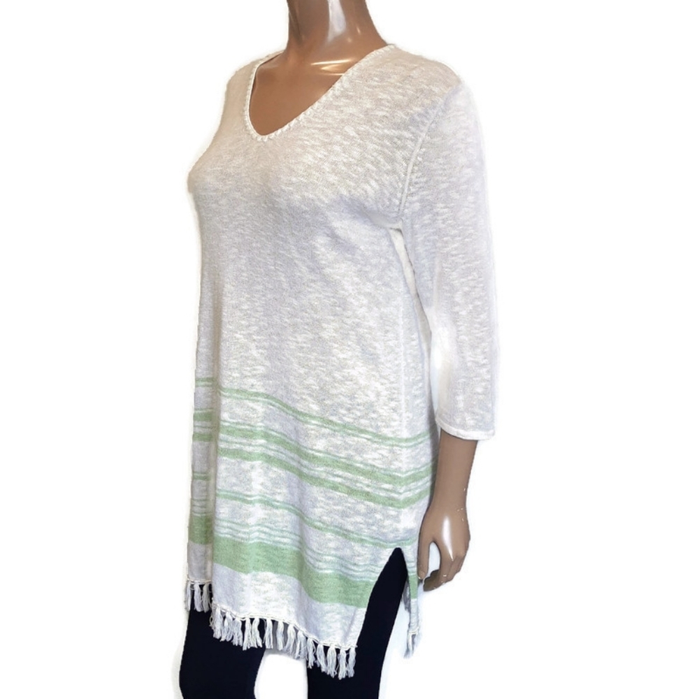 J Jill Linen Blend Beach Tunic Top Striped Tasseled Knit Cover Up Vneck
